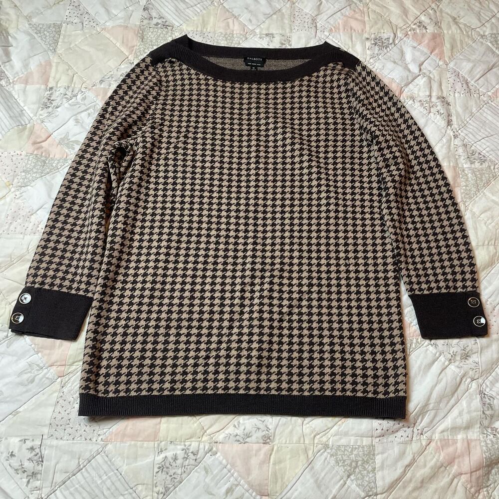 talbots brown and beige pure merino wool houndstooth sweater size medium